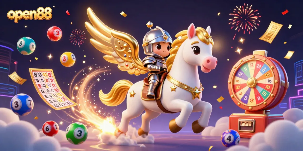 Experience exciting gameplay with open88, featuring vibrant lottery elements and a 3D knight on a celestial horse.