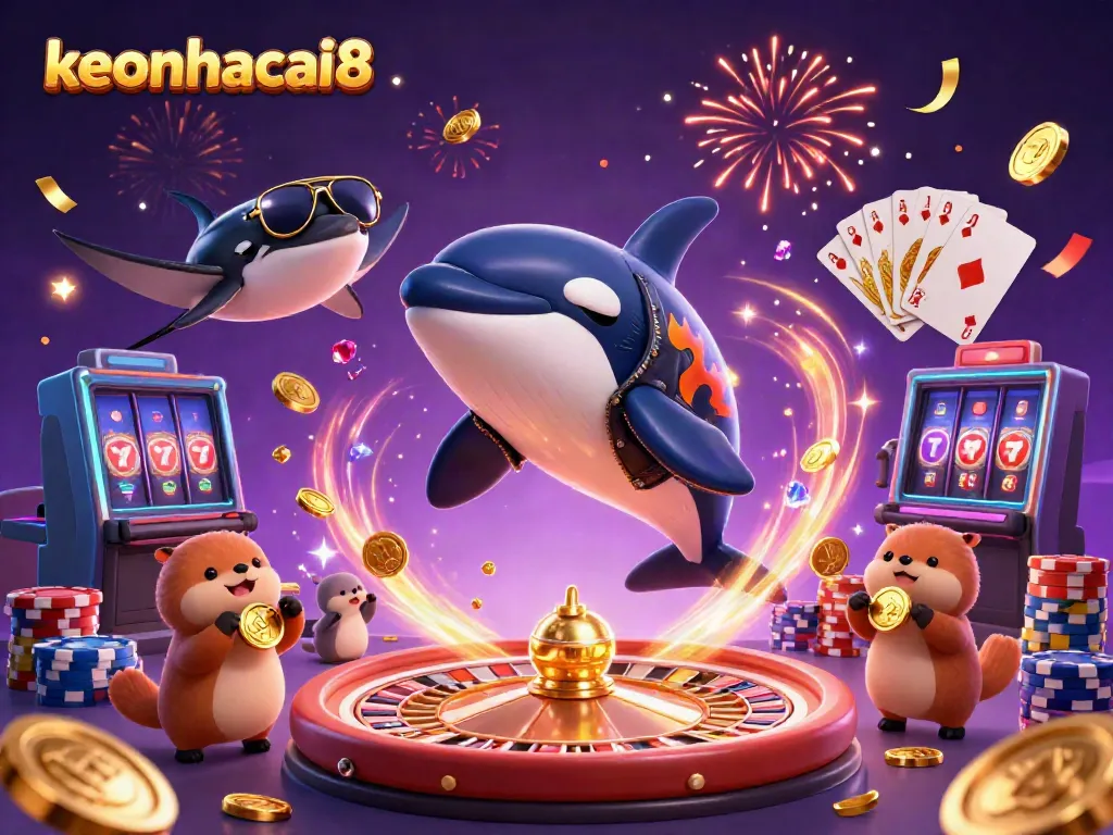 The keonhacai8 illustration showcases a vibrant underwater casino scene featuring a jumping orca, a stingray, and otters with gold coins.