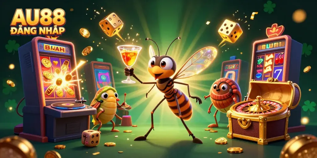 Experience AU88 ĐĂNG NHẬP with a vibrant casino scene showcasing a creative mascot and dynamic game elements.