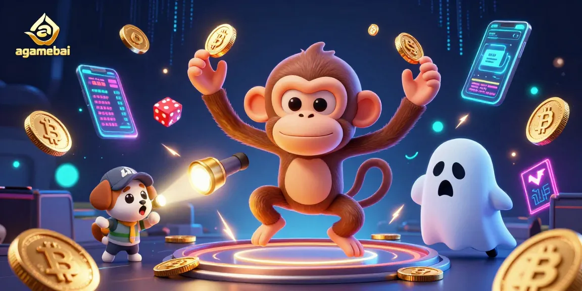 Track the mischievous poltergeist monkey in a lively agamebai casino, vibrant with crypto elements.