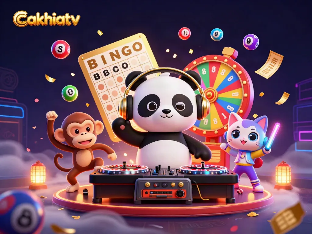 Join the fun at cakhiatv with vibrant characters and dynamic gambling elements in a lively 3D illustration.