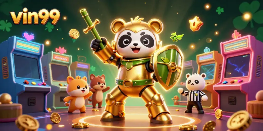 Engage with vin99 in a vibrant 3D casino scene featuring a golden panda in mech-suit.