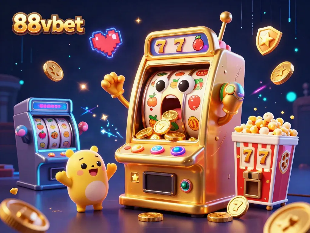 Experience the excitement of 88vbet with a cartoon slot machine celebrating a jackpot in a vibrant casino scene.