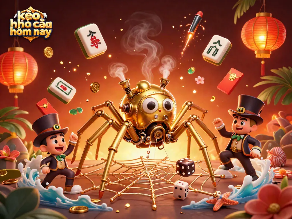 Engage with kèo nhà cái hôm nay through a lively depiction of a steampunk spider in a colorful gambling scene.