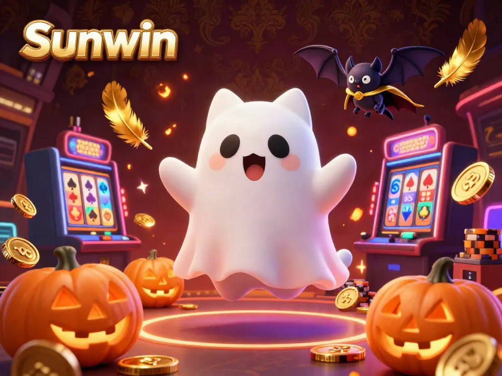 Experience the thrill of Sunwin casino with a friendly ghost cat and vibrant gaming elements in a dynamic atmosphere.