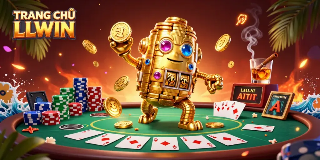 Engage with TRANG CHỦ LLWIN through a dynamic 3D illustration showcasing vibrant poker elements and a golden golem.