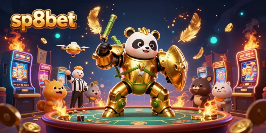 Engage in thrilling gameplay with sp8bet's vibrant casino illustration featuring golden panda warrior and slot elements.