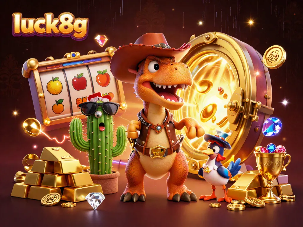 Experience thrilling jackpots with luck8g as a charismatic T-Rex and friends celebrate winning casino treasures.