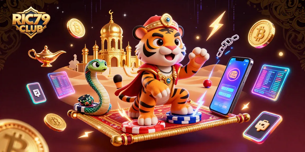 Join the excitement at RIC79 CLUB with vibrant 3D elements of gaming and crypto!