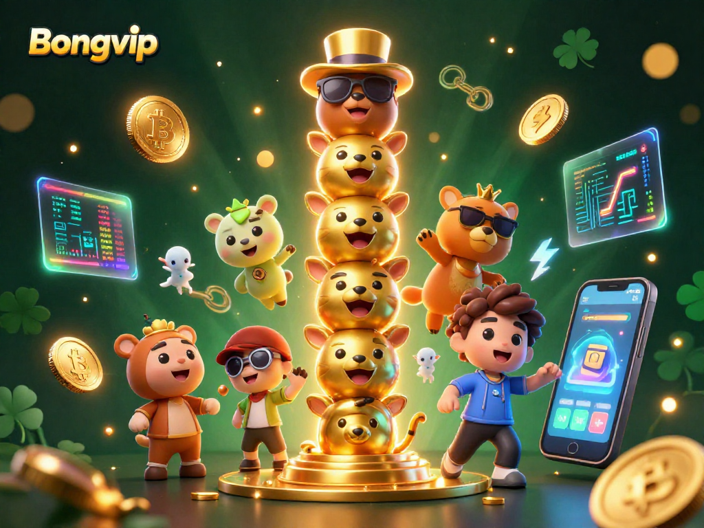 Bongvip players enjoying vibrant illustrated casino experience with crypto elements and golden totem.