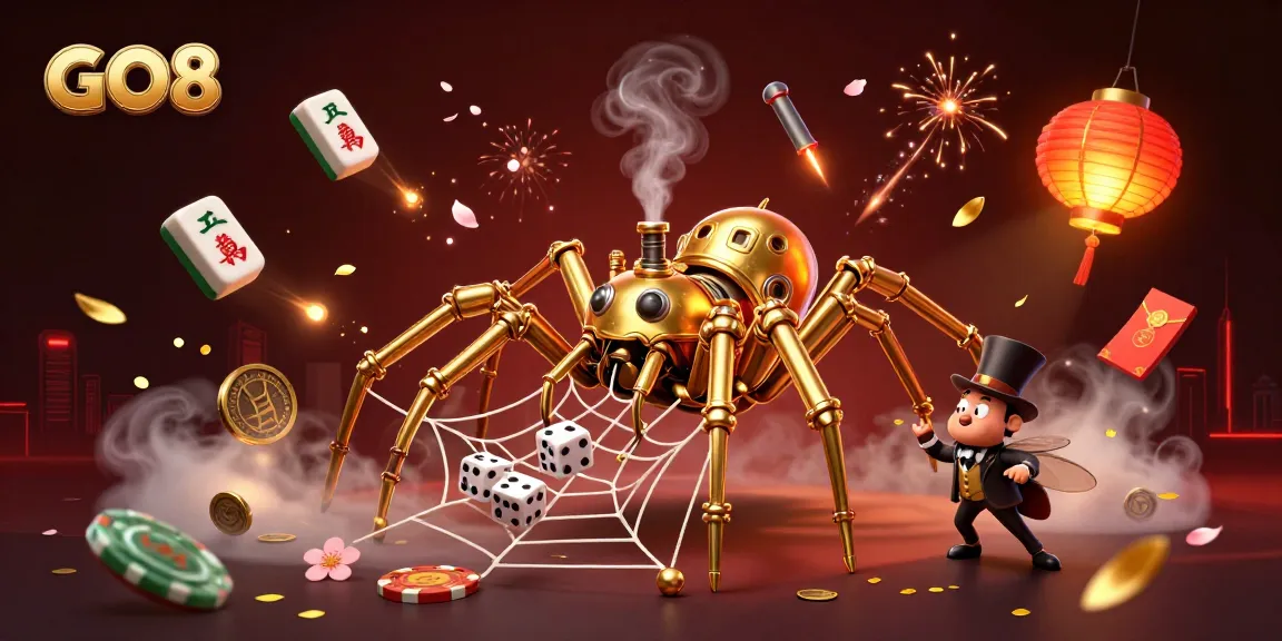 GO8 celebrates winning moments with a steampunk spider webbing golden chains and poker chip nodes in a whimsical casino scene.