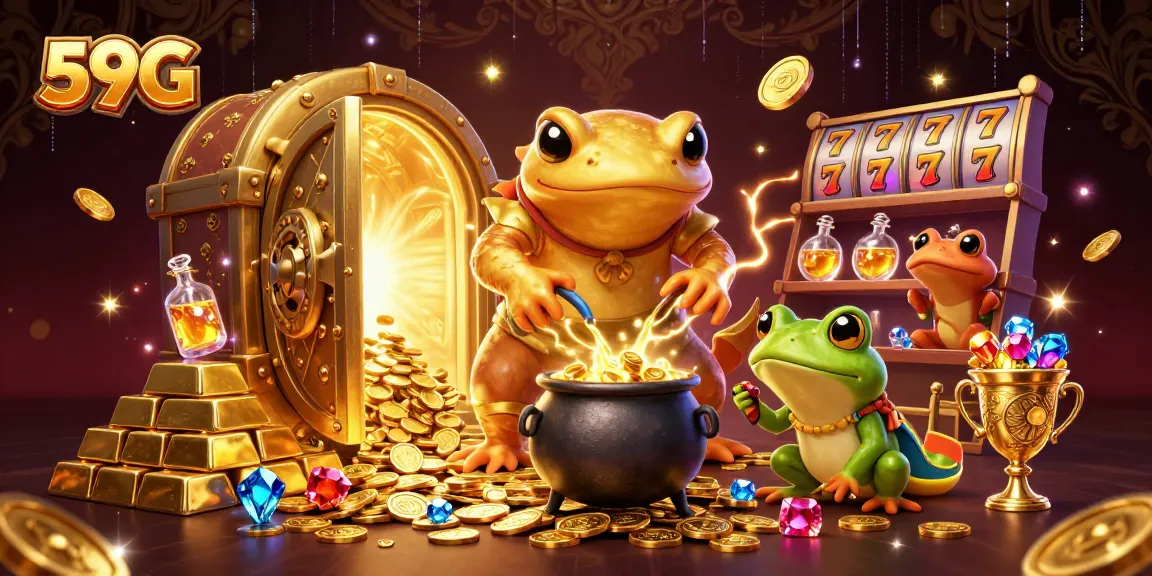 Engage with the thrilling gaming atmosphere of 59G featuring vibrant slot reels and golden treasures.