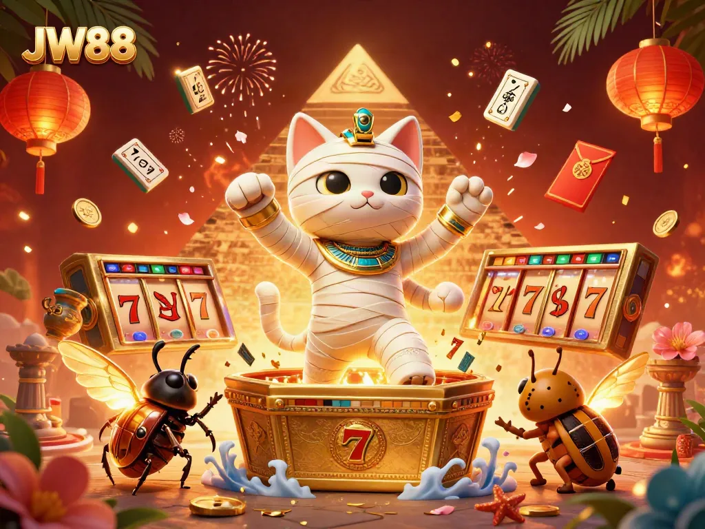 JW88 players spinning slot reels with a cartoon mummy cat and glowing scarab in a vibrant casino scene