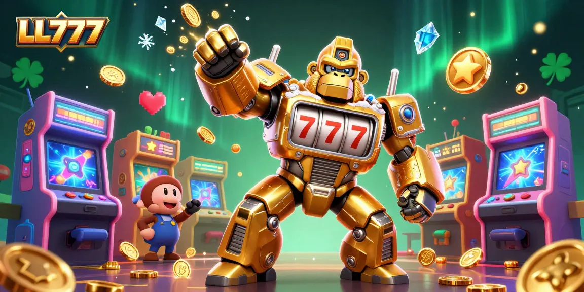 Experience thrilling wins at LL777 with a dynamic golden gorilla mech and vibrant gaming elements amidst dazzling designs.