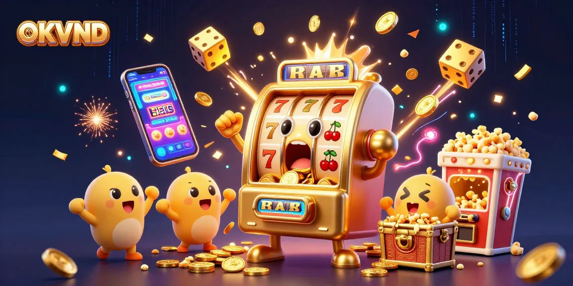 Celebrate a win with OKVND as a joyful slot machine hits the jackpot amid vibrant casino excitement.