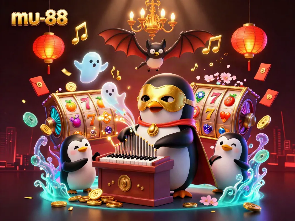 Experience a vibrant winning scene with mu-88 slot reels and characters celebrating in an illustrated casino.