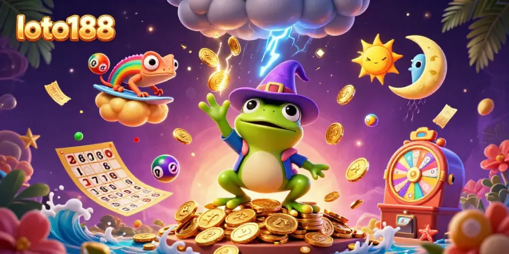 Experience the thrill of loto188 with colorful lottery fun and engaging characters in an exciting casino scene.