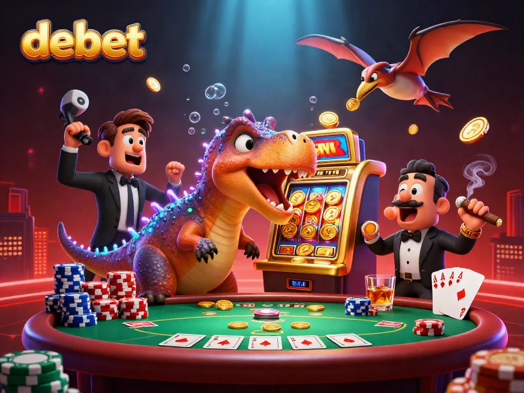 debet slot machine jackpot scene featuring dinosaurs and poker elements.