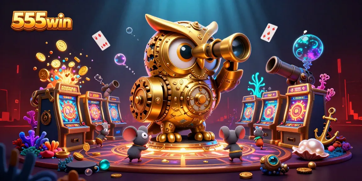 Experience thrilling gaming action at 555win with a vibrant cartoon casino scene filled with treasures.