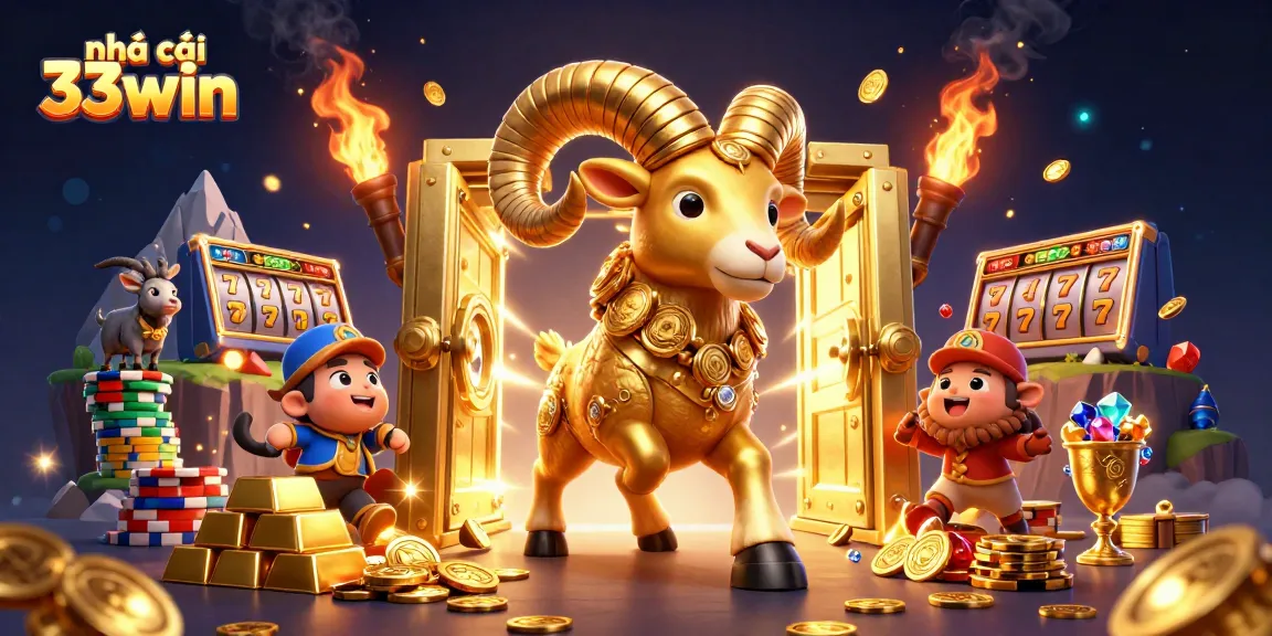 Engage with the massive golden ram and treasure elements at nhà cái 33win, illustrating thrilling gambling action.