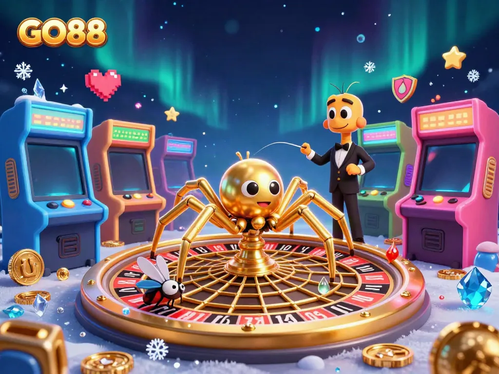 Engage with GO88's vibrant 3D casino scene featuring a roulette-themed spider web and dynamic characters.