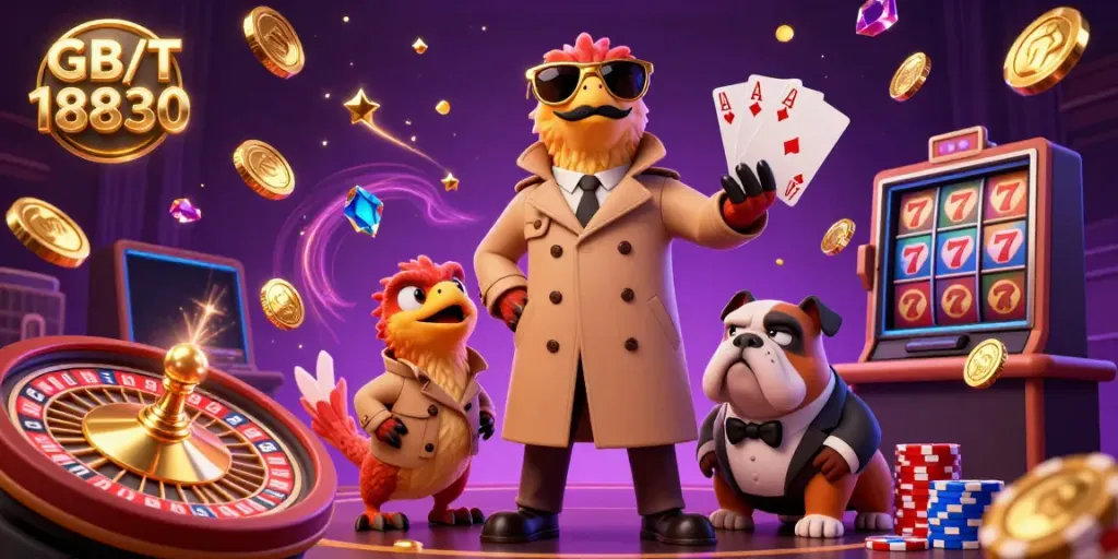 Experience the excitement of GB/T 18830 with cartoon raptors entering a VIP casino, featuring vibrant gaming elements.