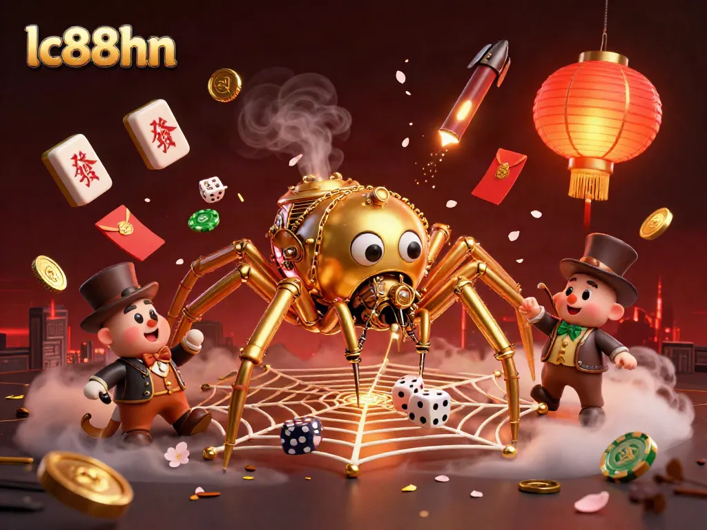 Catch exciting moments at lc88hn, featuring a golden spider web of gaming while dice tumble down.