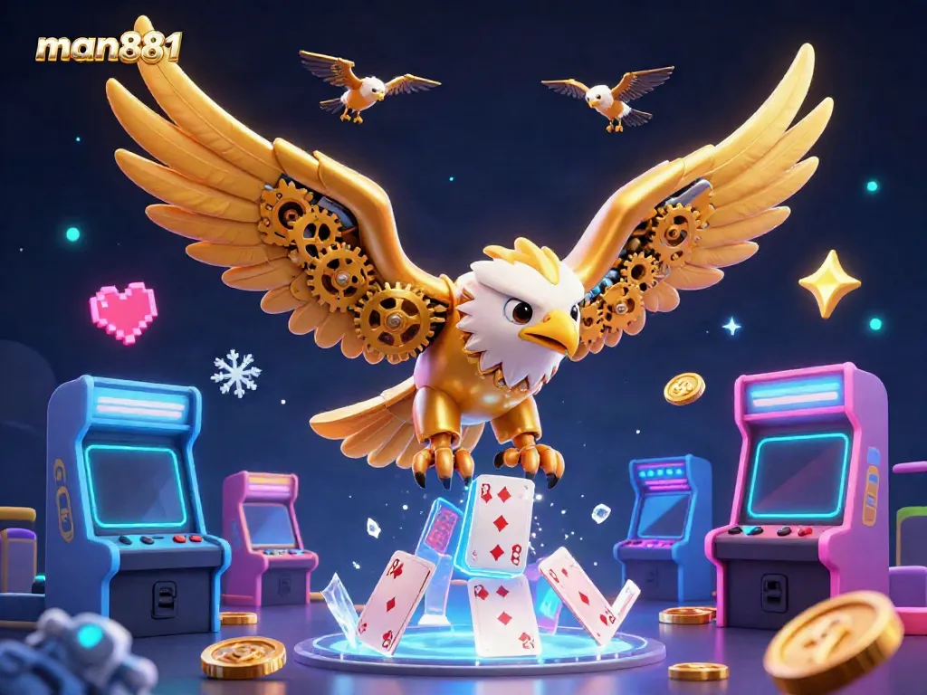 Experience thrilling gameplay at man881 with a vibrant 3D casino scene featuring a golden eagle amidst holographic cards.