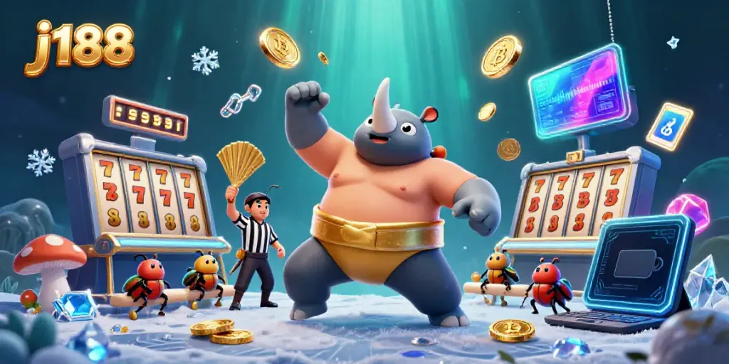 Experience thrilling jackpots with j188, featuring a sumo beetle champion in a dynamic casino scene.
