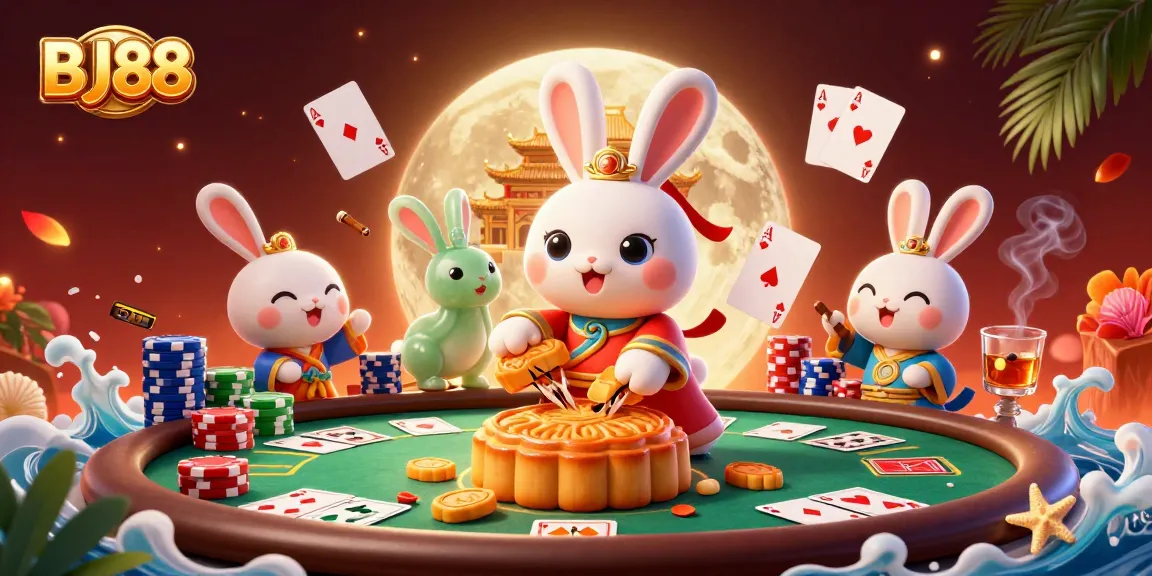 Experience BJ88 with a vibrant 3D illustration of a lunar moon rabbit, poker chips, and casino elements.
