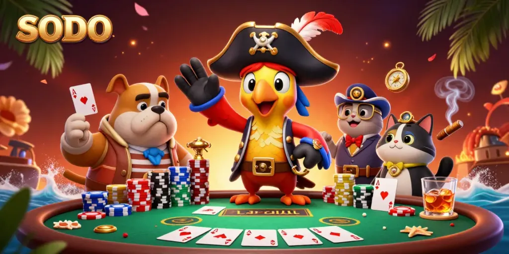 SODO-themed gambling scene with a vivid pirate crew at a poker table showing excitement