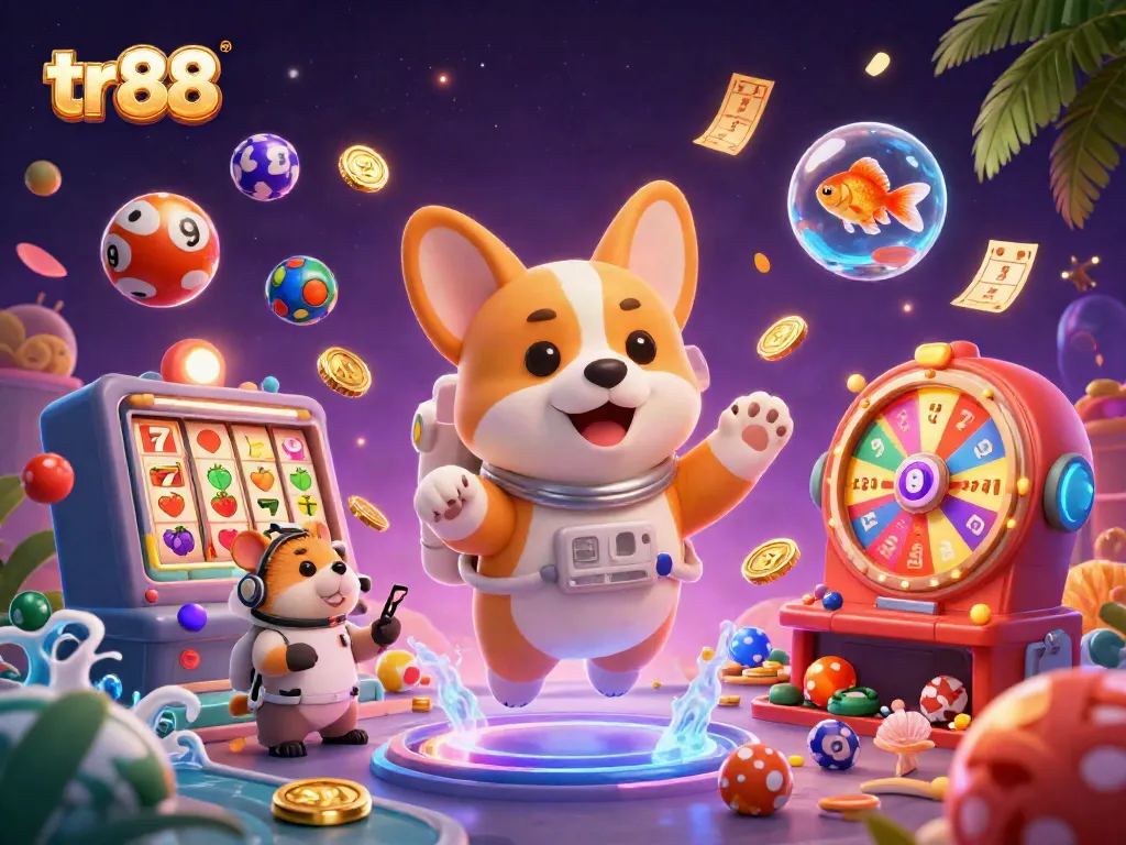 tr88 gaming illustration features a floating casino scene with lottery balls and slot elements, emphasizing vibrant energy.