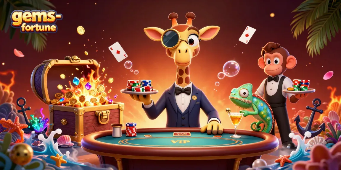 Engage with the gems-fortune experience through a vibrant 3D casino scene featuring unique characters.
