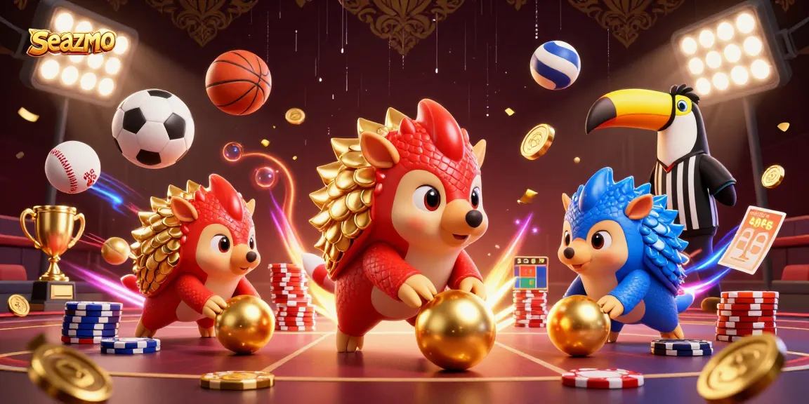 seazmo pangolins bowling through poker chips, vibrant casino scene with sports elements