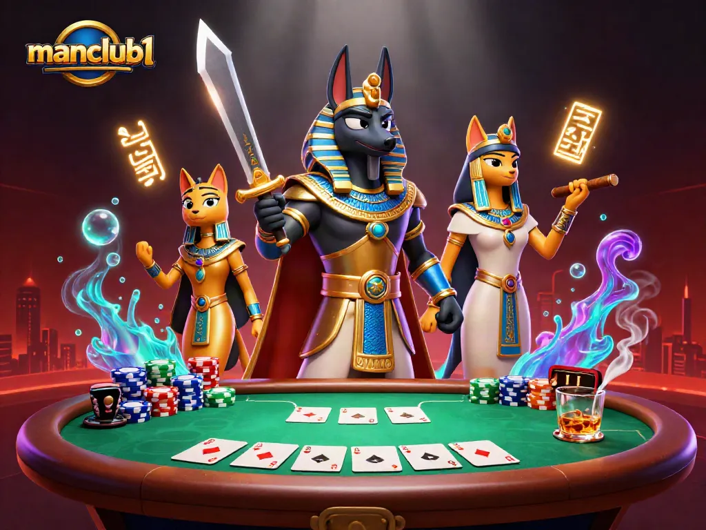 Engaging with manclub1, players experience thrilling poker action under the gaze of Anubis and Bastet.