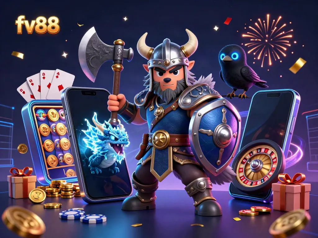 Catch thrilling gaming action at fv88 featuring Viking warrior and dragon in a vibrant casino scene.