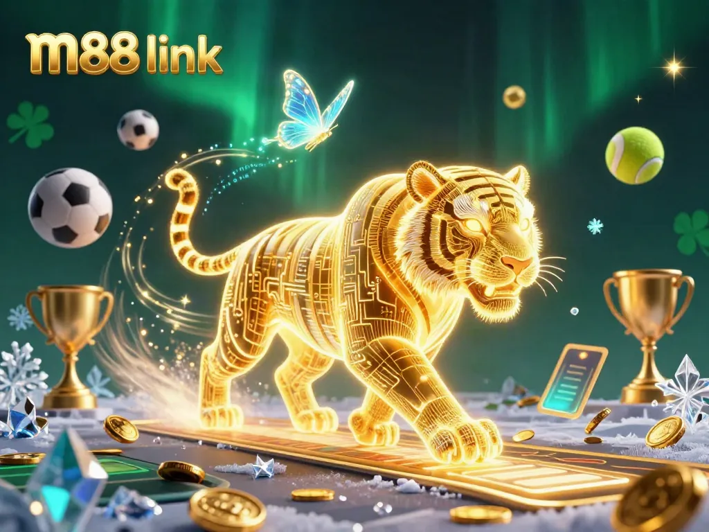 Engage with m88 link in a vibrant 3D casino landscape featuring a golden tiger and dynamic sports elements.