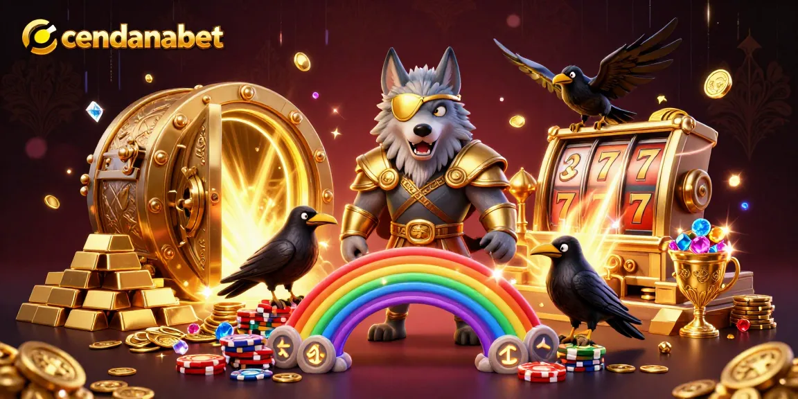 Cendanabet offers vibrant gaming with Odin and ravens on a treasure bridge, showcasing slot reels.