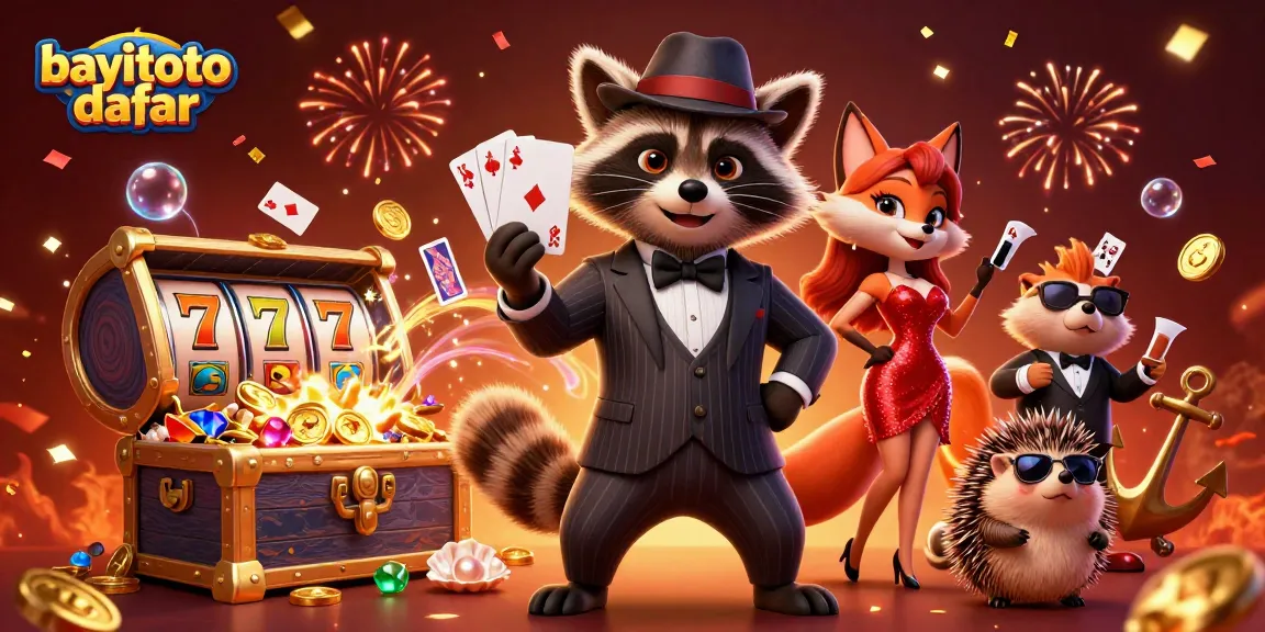 Join the fun at bayitoto daftar, with a raccoon holding a royal flush in a dynamic casino scene.