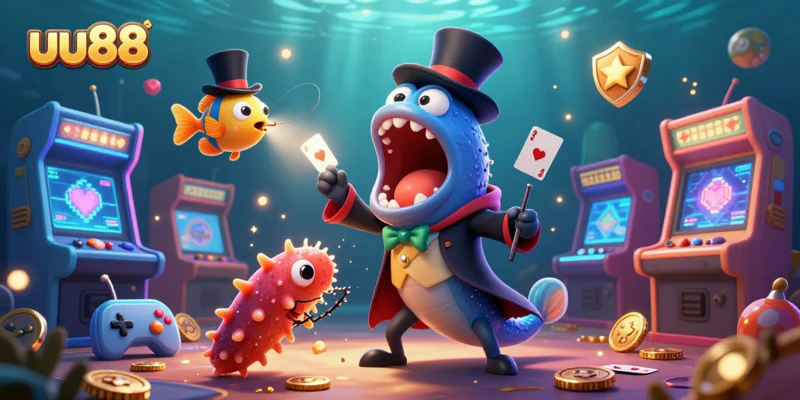 uu88 showcases an underwater theme with a bioluminescent eel performing card tricks, enhancing online gaming appeal.
