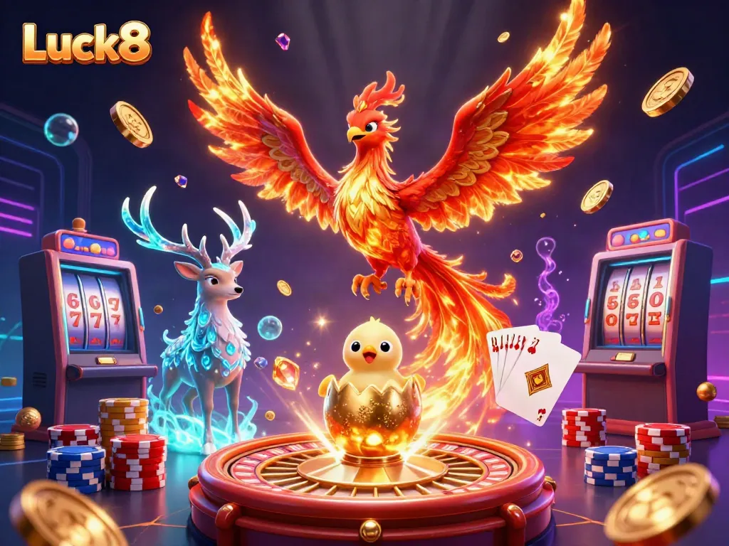 Luck8 features a vibrant casino scene with a majestic phoenix and dynamic game elements illustrating excitement and rewards.