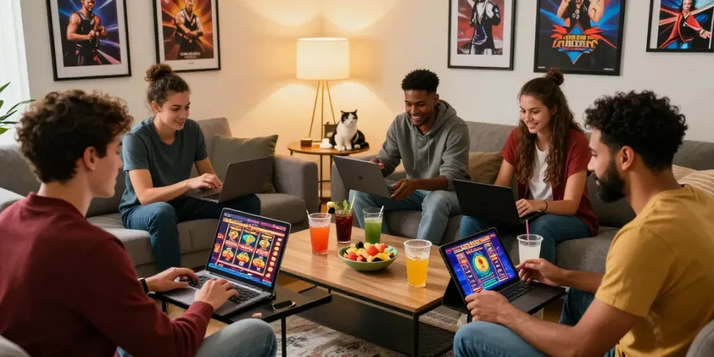 Friends enjoying american casinos online in a cozy living room, laptops and snacks present.