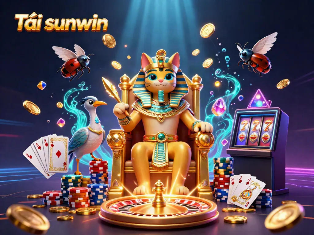 Experience Tải sunwin with a vibrant, dynamic casino illustration featuring Egyptian elements and casino games.