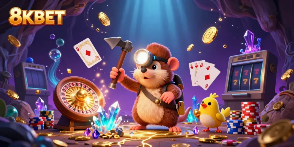 Engage with the thrilling world of 8KBET as a mole discovers treasures in a vibrant 3D casino cave.