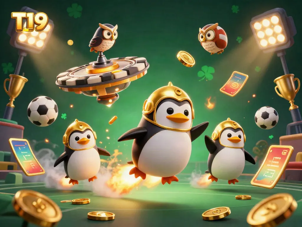 Engage in T19's thrilling gaming adventures with a 3D rocket-powered penguin and dynamic sports elements.