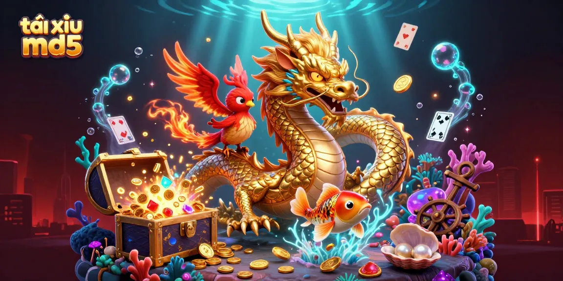 Experience tài xỉu md5 excitement with a fierce dragon, phoenix, and koi fish amidst treasure and gaming elements