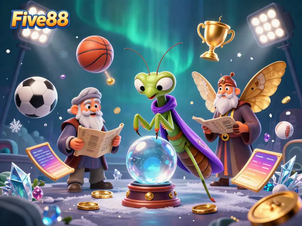 Engage with Five88 through an enthralling casino scene depicting a fortune teller and librarian amidst sports betting excitement.