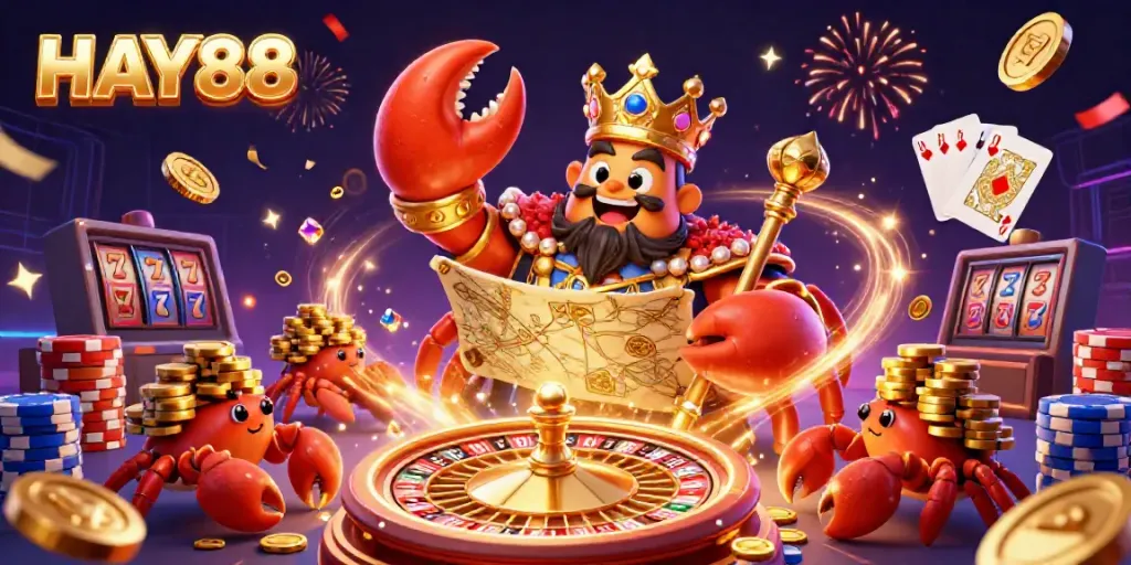 Experience the excitement of HAY88 with a golden crab emperor surrounded by dazzling casino elements.