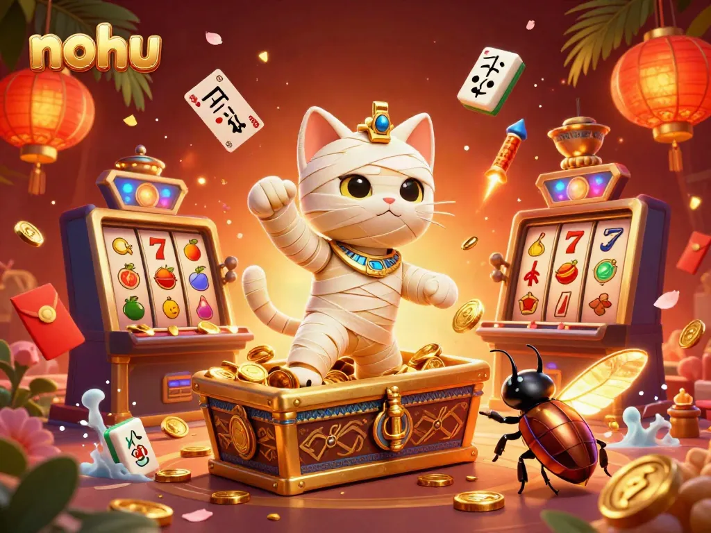 Experience vibrant winnings at nohu with a thrilling 3D illustration of a mummy cat unveiling jackpot treasures in a casino.