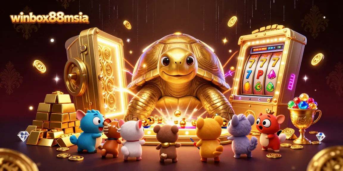 Experience winning thrills at winbox88msia with a vibrant, interactive casino scene filled with golden treasures and games.